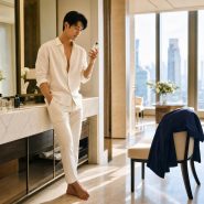 Homme testant un parfum dans un appartement lumineux avant un premier rendez-vous