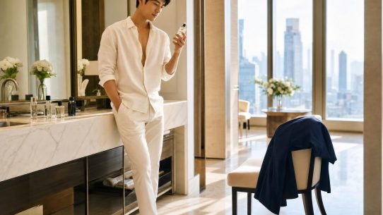 Homme testant un parfum dans un appartement lumineux avant un premier rendez-vous