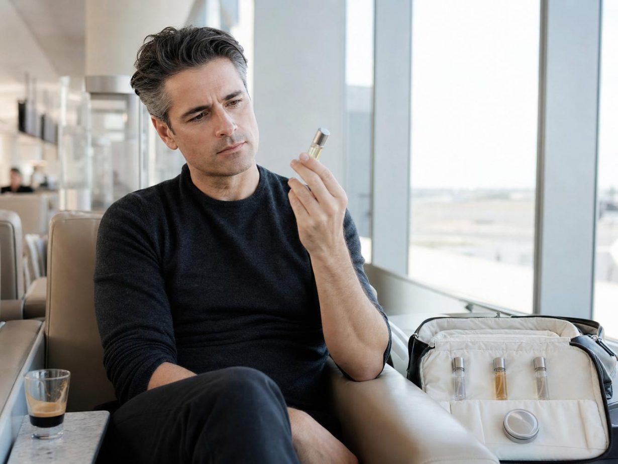 Homme en lounge d'aéroport examinant un atomiseur de parfum voyage, décantats et parfum solide visibles