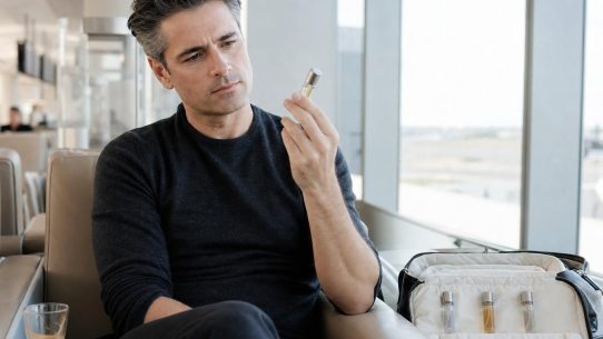 Homme en lounge d'aéroport examinant un atomiseur de parfum voyage, décantats et parfum solide visibles