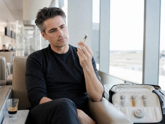 Homme en lounge d'aéroport examinant un atomiseur de parfum voyage, décantats et parfum solide visibles