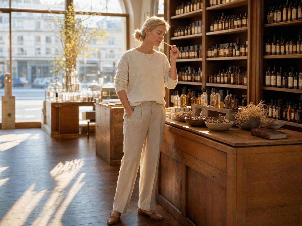 Femme sentant une mouillette de parfum boisé dans une parfumerie, entourée de bois de cèdre et de racines de vétiver