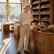 Femme sentant une mouillette de parfum boisé dans une parfumerie, entourée de bois de cèdre et de racines de vétiver