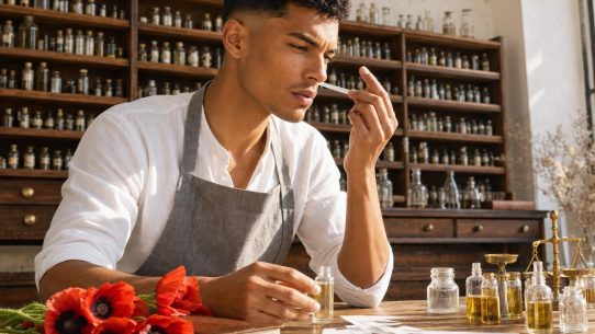 Parfumeur évaluant des fragrances en laboratoire