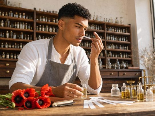 Parfumeur évaluant des fragrances en laboratoire
