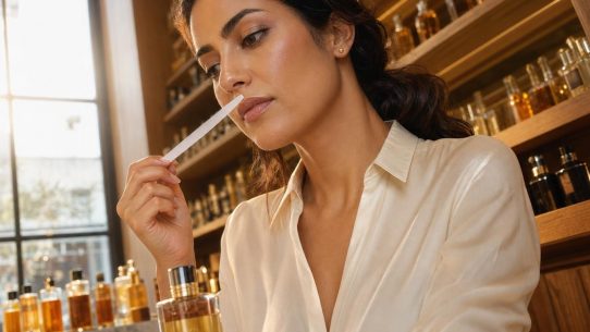 Femme sentant une mouillette de parfum dans une parfumerie, flacons en arrière-plan