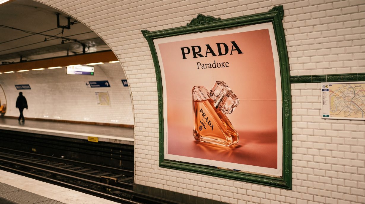 Affiche Prada Paradoxe dans station de métro