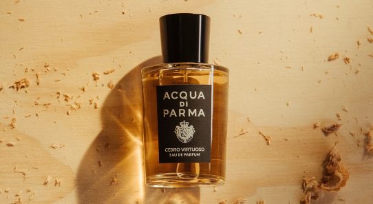 Flacon Acqua di Parma Cedro Virtuoso sur bois clair