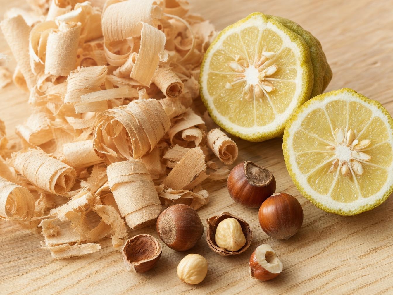 Citrons coupés, copeaux de bois et noisettes sur planche