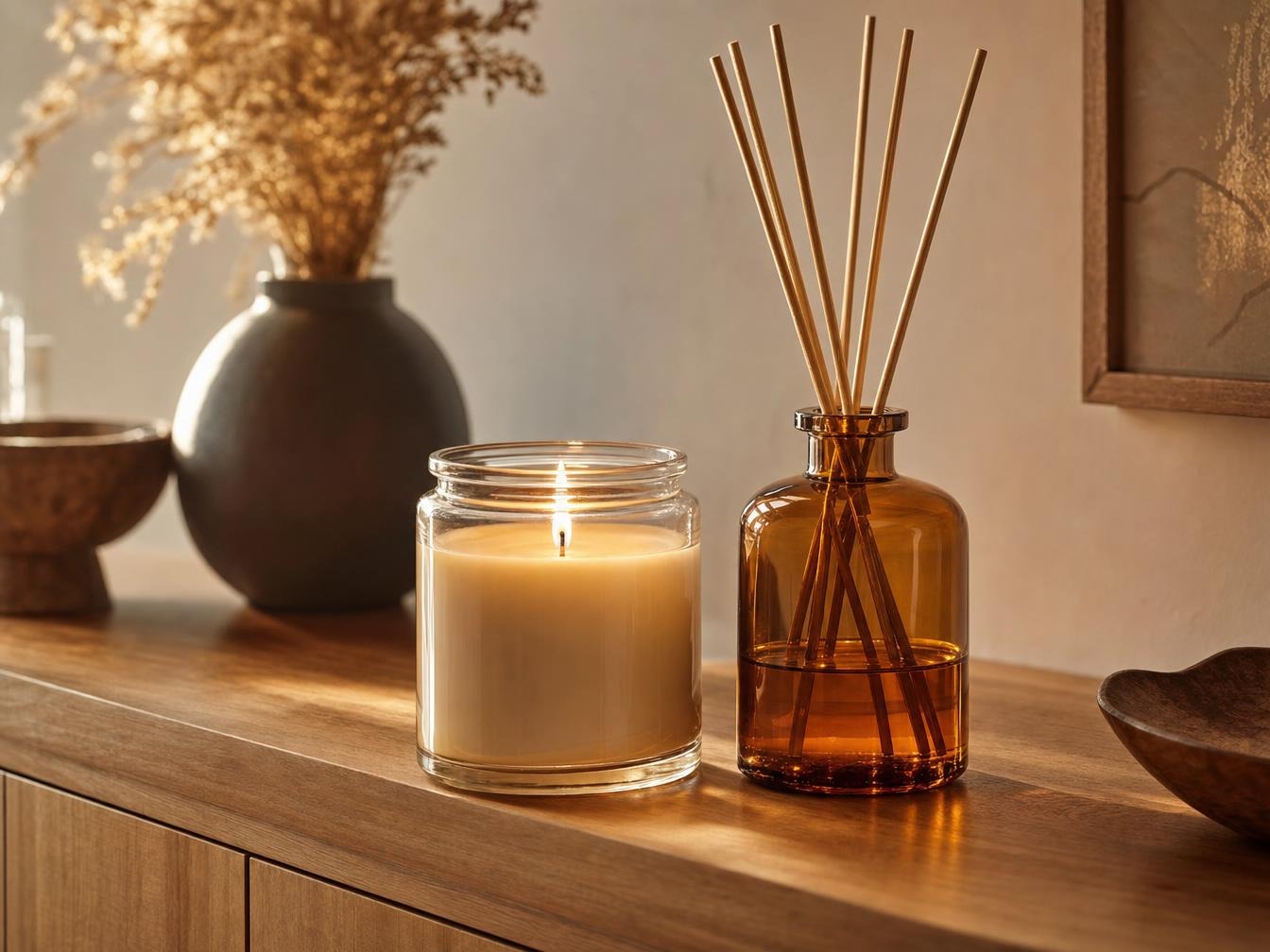 Bougie allumée et diffuseur à bâtonnets sur buffet en bois