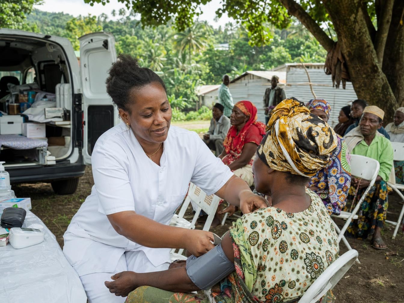 Une soignante examine une patiente devant une clinique mobile à Anjouan, aux Comores