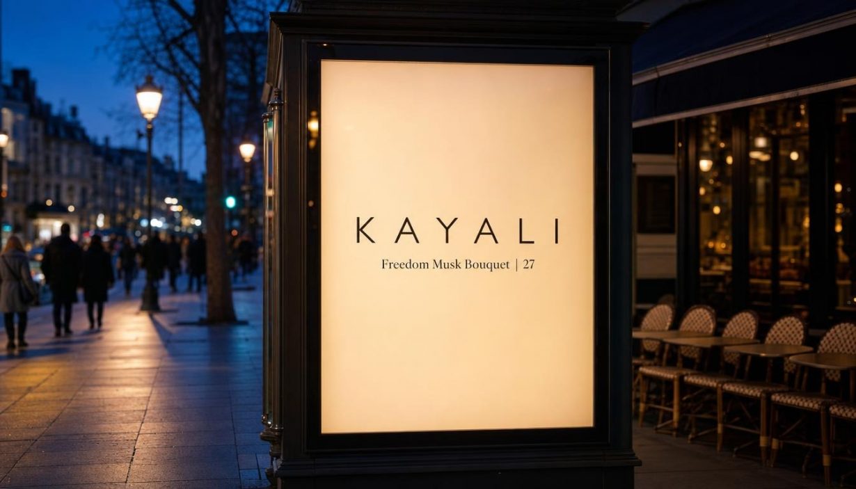Affiche Kayali illuminée sur un boulevard au crépuscule