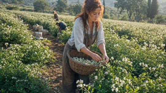 Femme récoltant des fleurs de jasmin dans un champ
