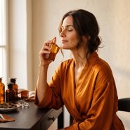 Femme en robe satinée vaporisant un parfum