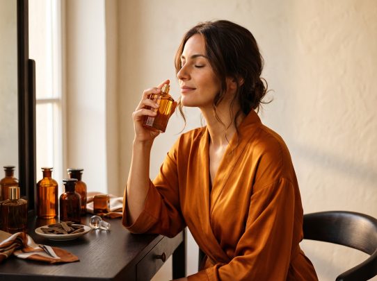 Femme en robe satinée vaporisant un parfum