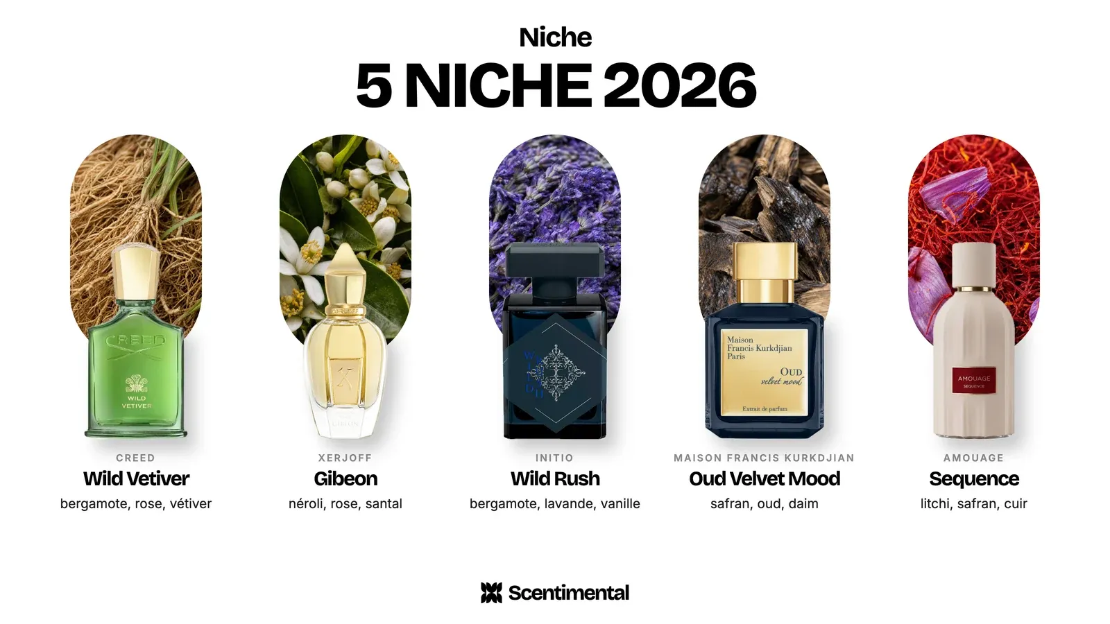 Sélection de 5 parfums de niche sortis en 2026 : Creed Wild Vetiver, Xerjoff Gibeon, Initio Wild Rush, Maison Francis Kurkdjian Oud Velvet Mood et Amouage Sequence