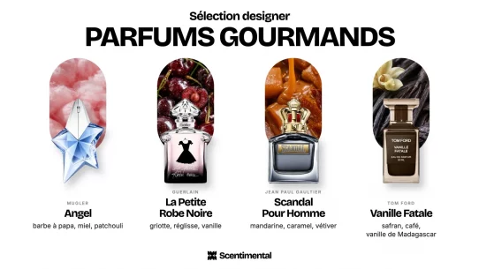 Parfums gourmands designer : Angel de Mugler, La Petite Robe Noire de Guerlain, Scandal Pour Homme de Jean Paul Gaultier et Vanille Fatale de Tom Ford