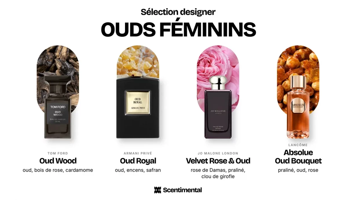 Parfums oud pour femme designer : Oud Wood de Tom Ford, Oud Royal d’Armani Privé, Velvet Rose & Oud de Jo Malone London et Absolue Oud Bouquet de Lancôme