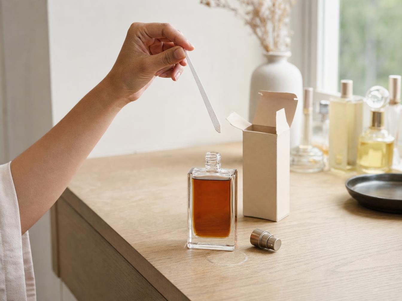 Flacon de parfum ancien au liquide devenu ambre foncé, mouillette blanche tenue au-dessus pour le test d’odeur