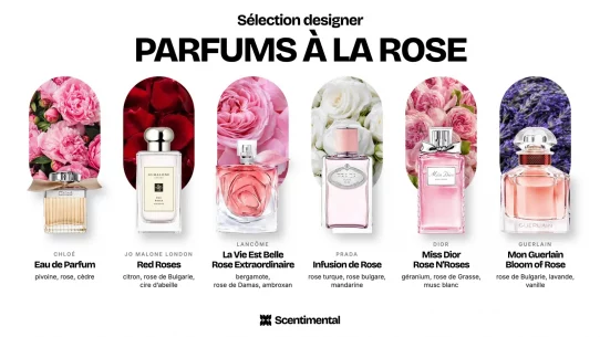 Parfums à la rose designer : Chloé Eau de Parfum, Red Roses de Jo Malone London, La Vie Est Belle Rose Extraordinaire de Lancôme, Infusion de Rose de Prada, Miss Dior Rose N'Roses de Dior et Mon Guerlain Bloom of Rose de Guerlain