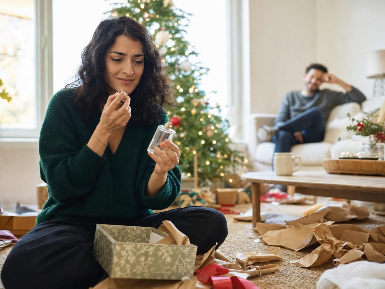 Femme découvrant un parfum offert près du sapin de Noël